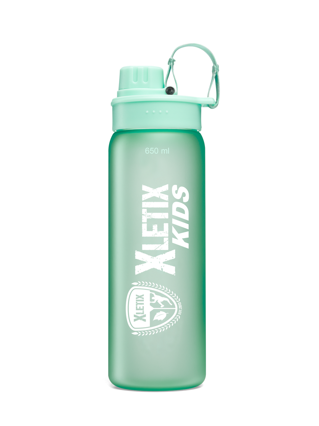 Mintgrüne Trinkflasche mit weißem XLETIX Kids-Logo, 650 ml, Schraubverschluss und Tragebügel.