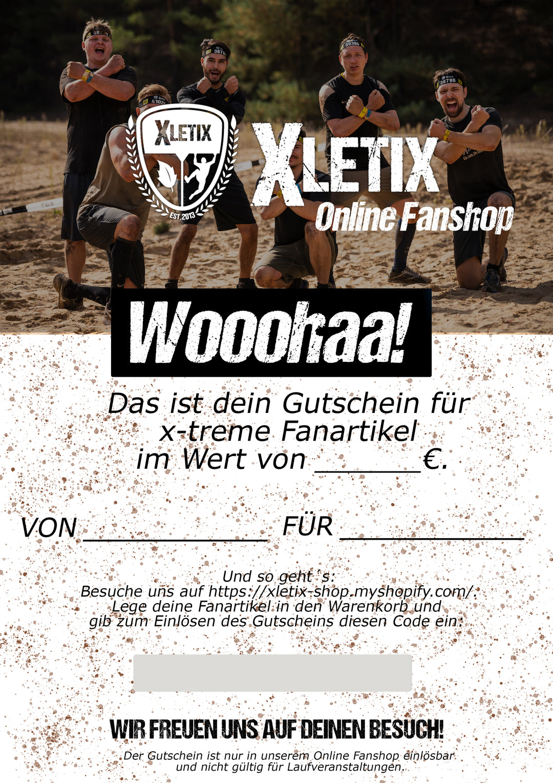 Gutschein mit „Wooohaa!“-Text, Gruppenfoto, XLETIX Fanshop-Titel, Wertangabe und Einlösehinweis.